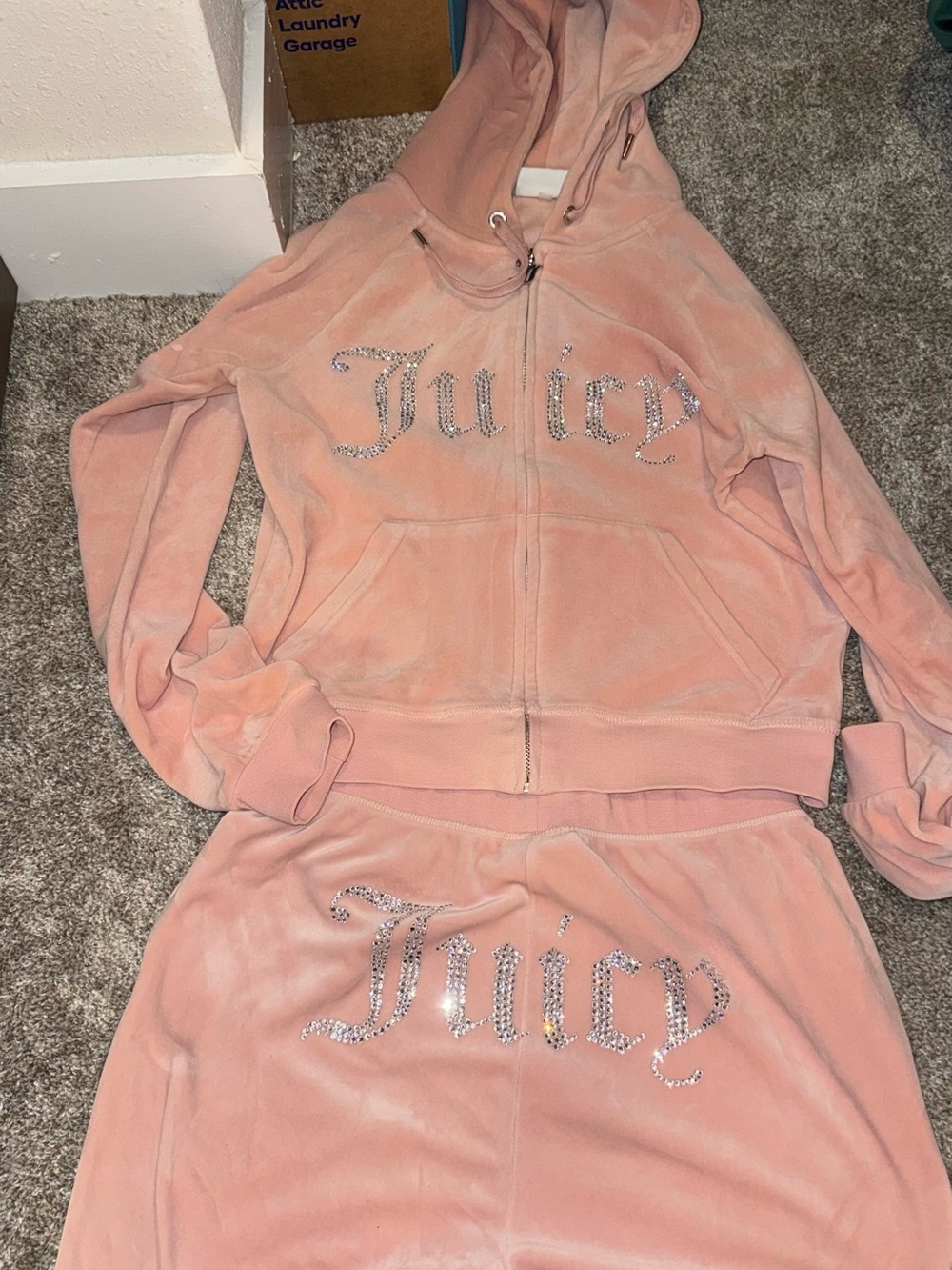 Juicy Couture Women's Pink Velour Zip Hoodie Jacket small top small bottoms
